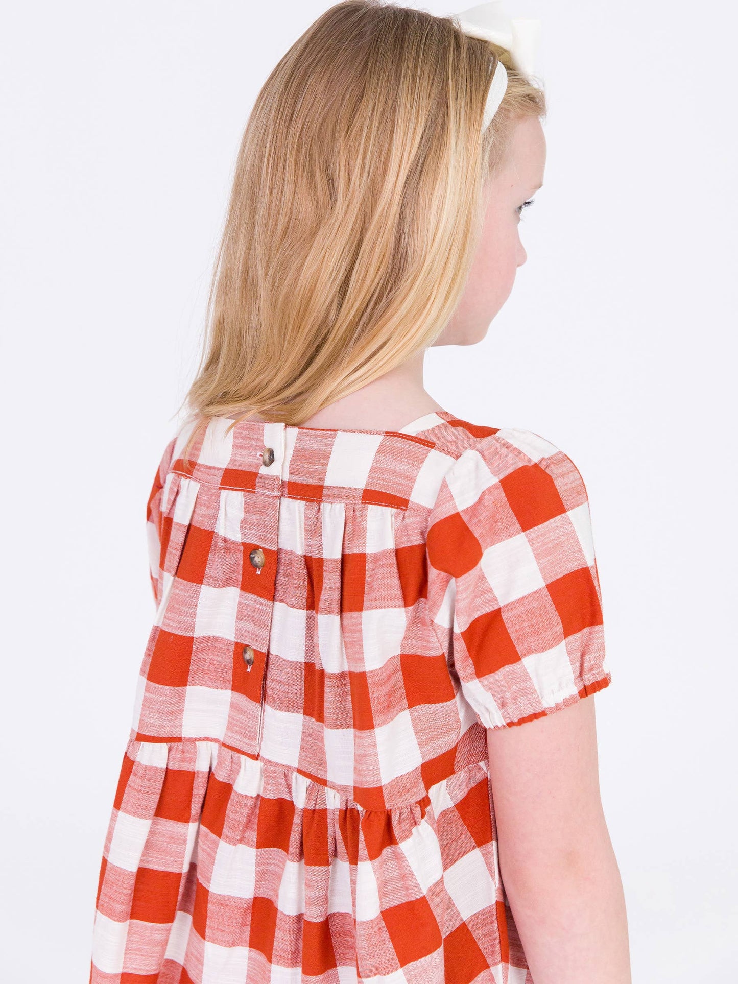 Rust Plaid Puff Short Sleeve Check Tiered Dress
