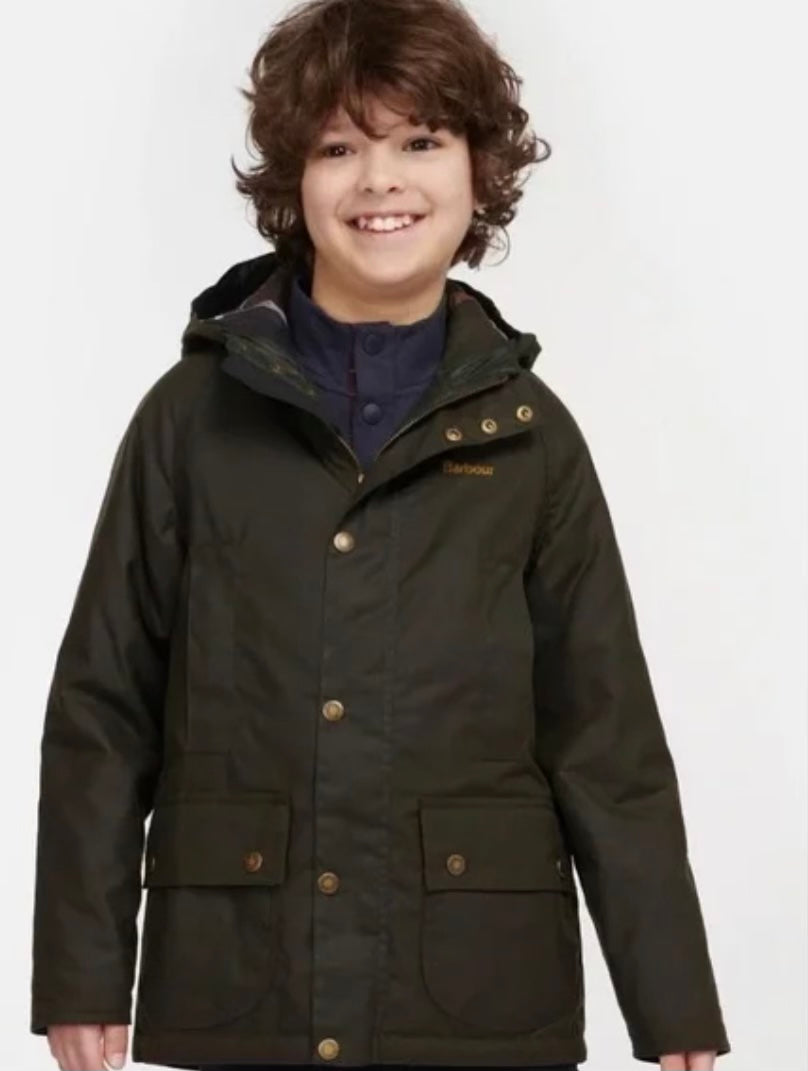Barbour Boys Olive Hooded Waxed Beaufort Jacket