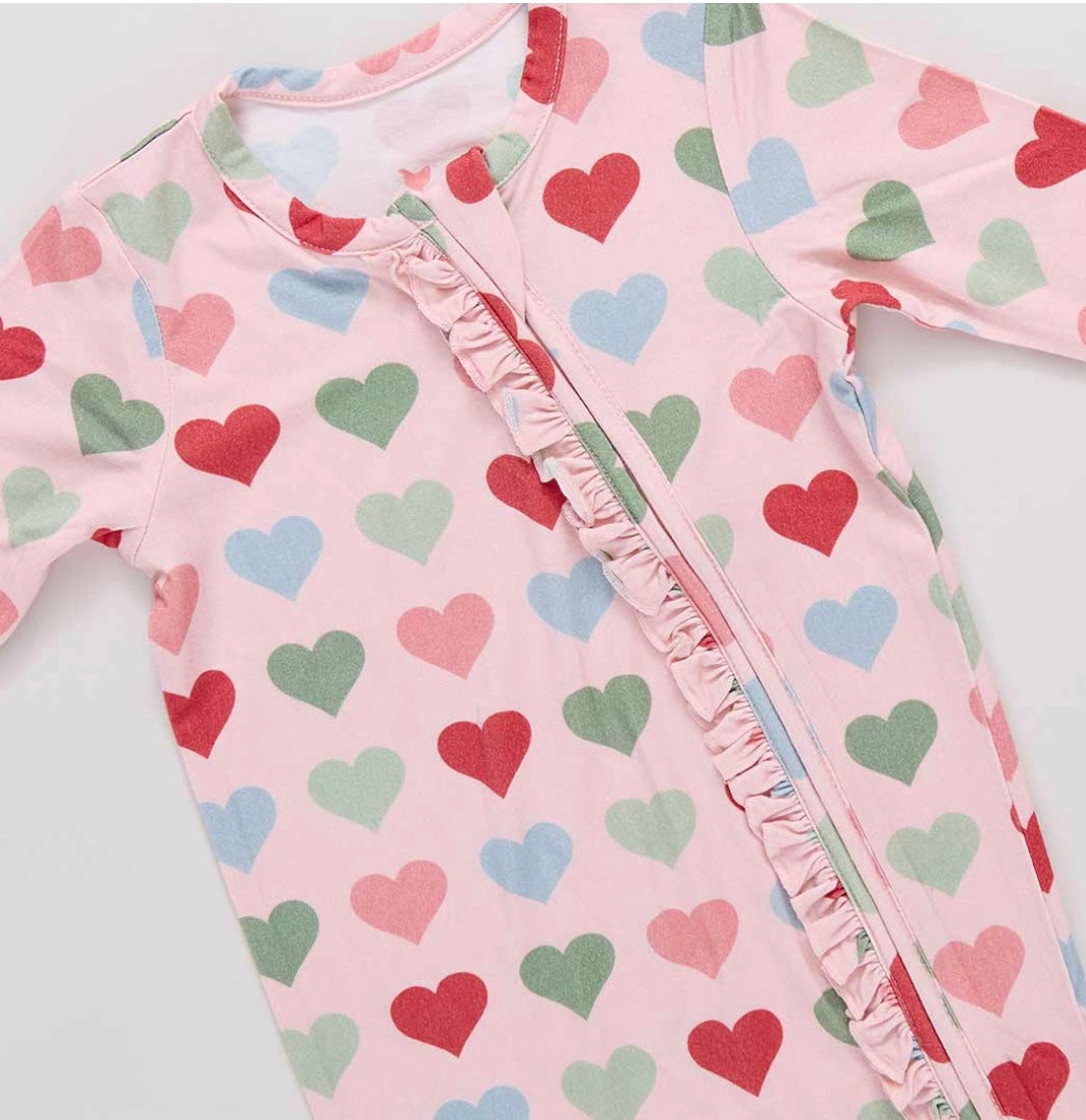 Pink Small Hearts Ruffled Bamboo Romper