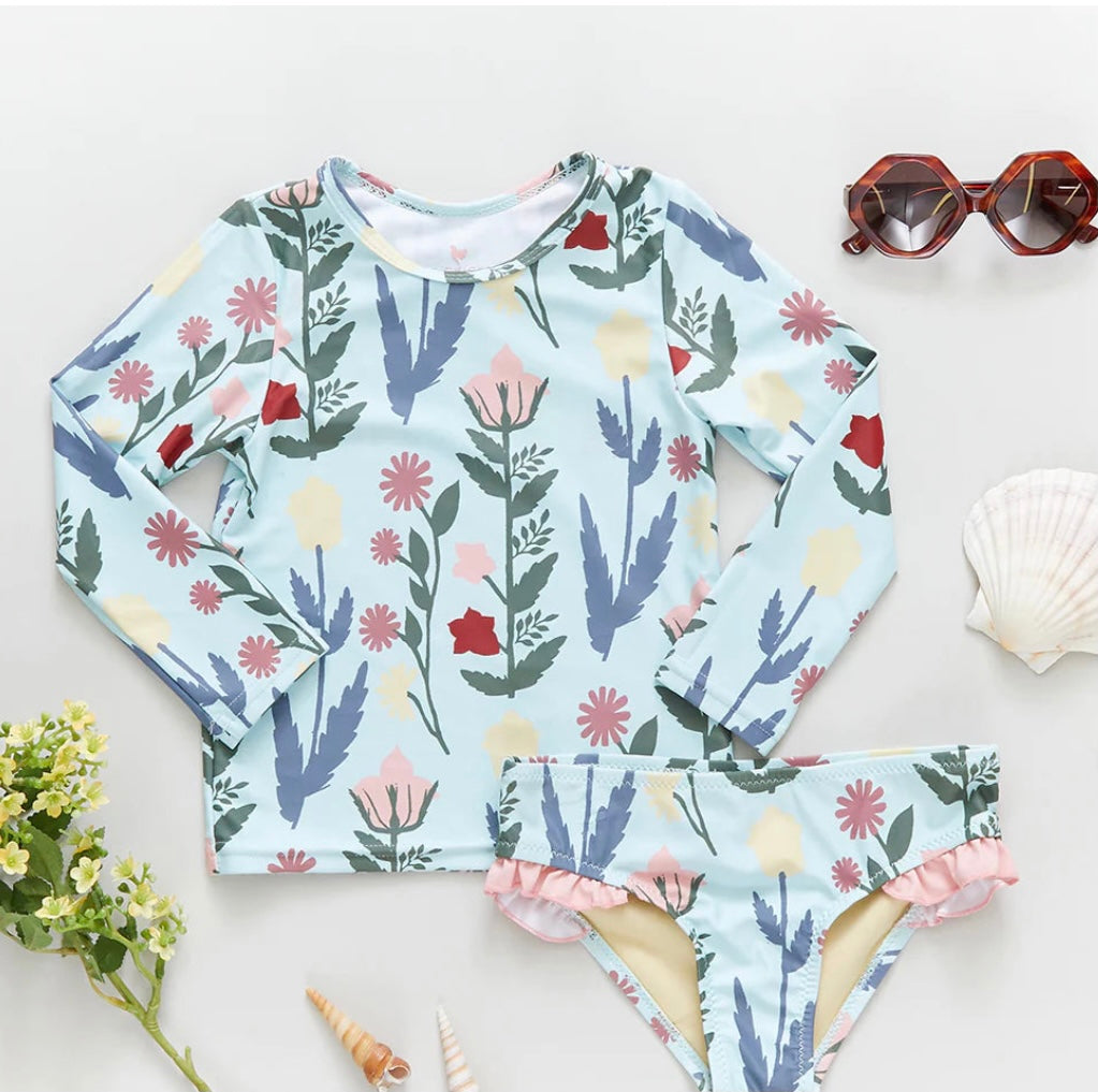 Girls Paper Floral Rash Guard Set