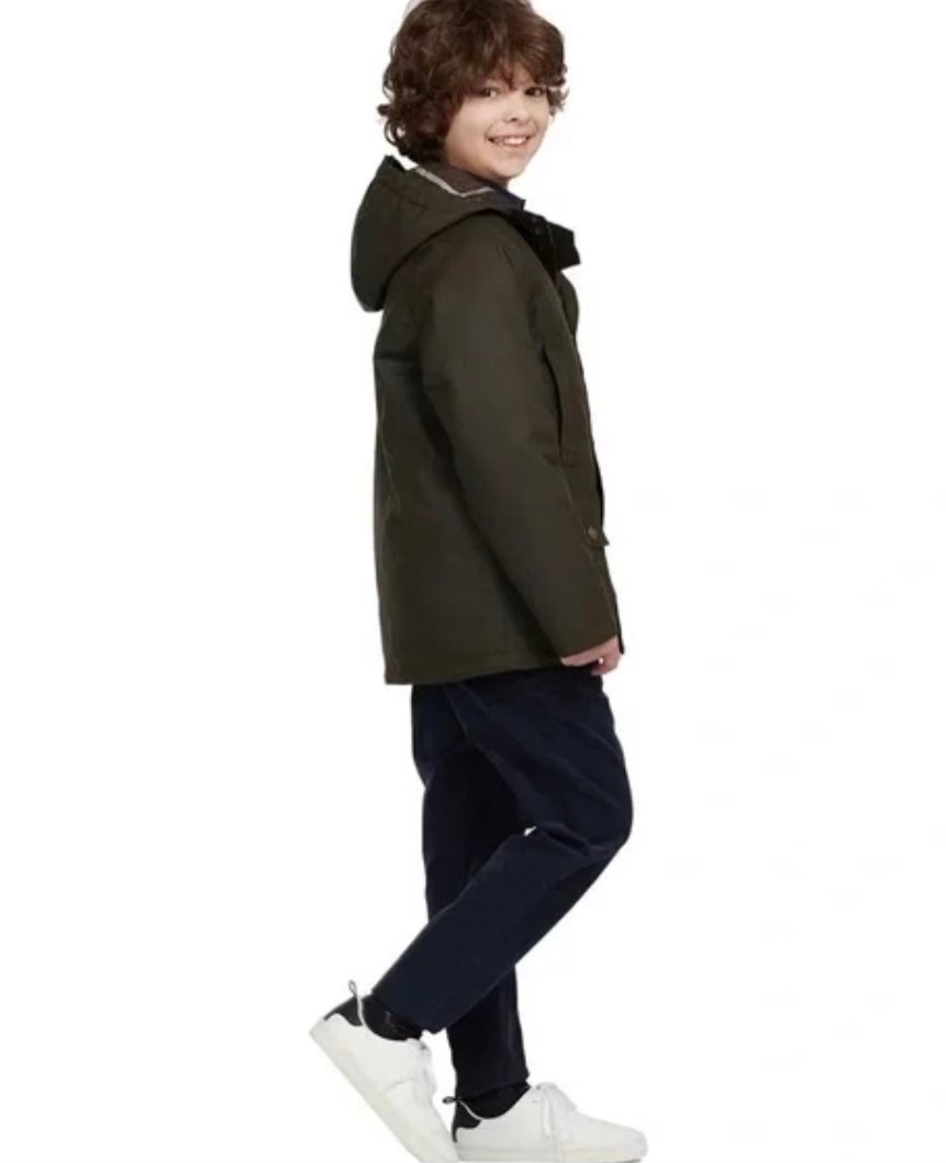 Barbour Boys Olive Hooded Waxed Beaufort Jacket