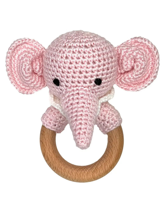 Pink Elephant Bamboo Crochet Wood Ring Rattle