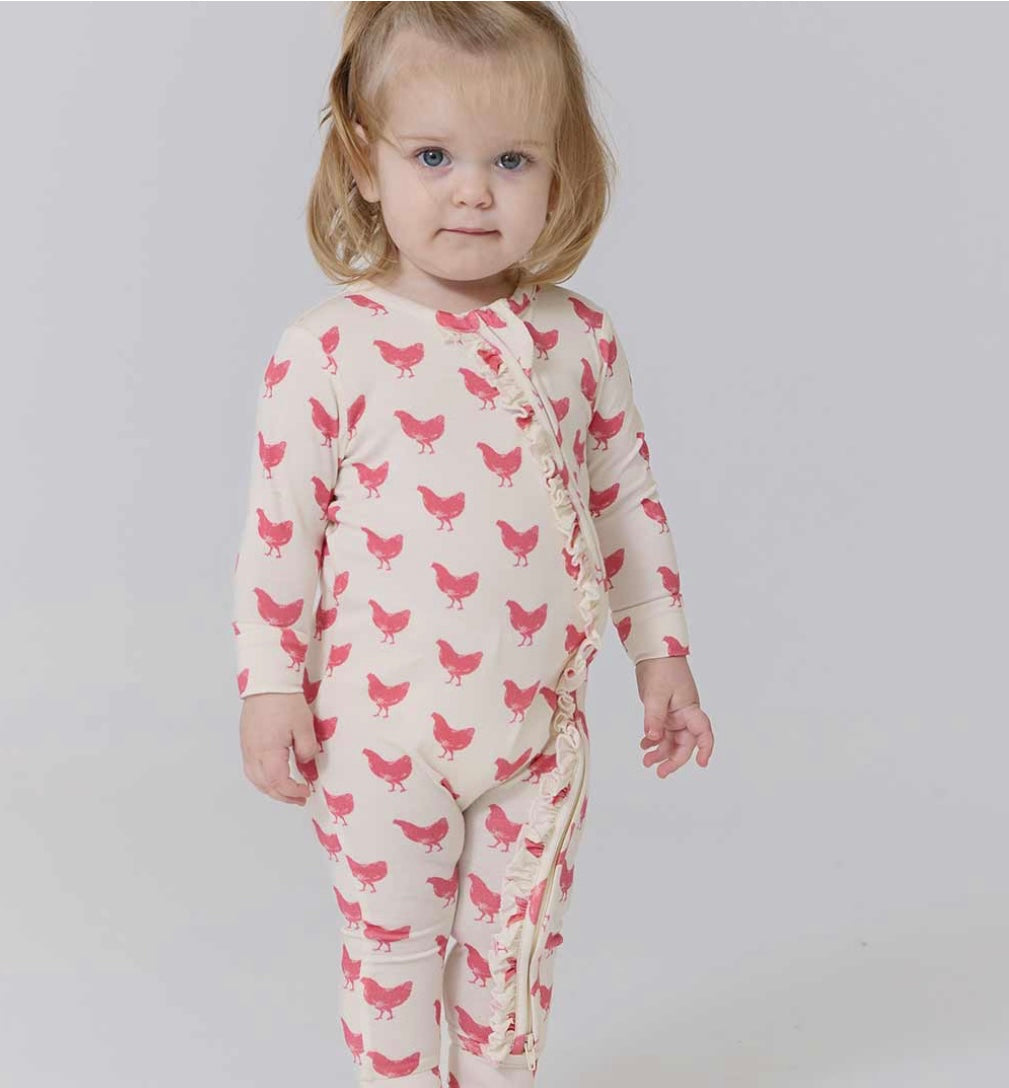 Pink Chickens Ruffled Bamboo Romper