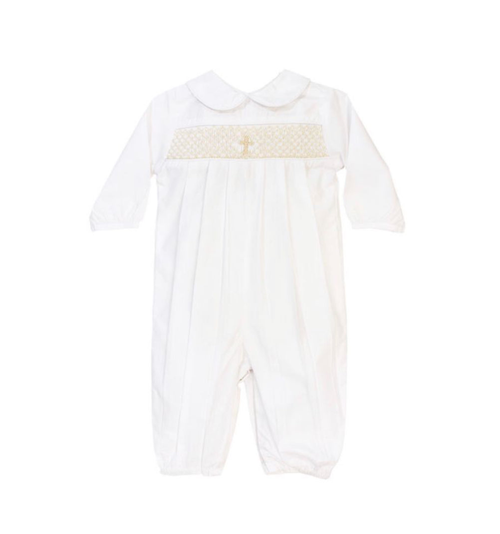 Christening Ivory Cross Smocked Romper