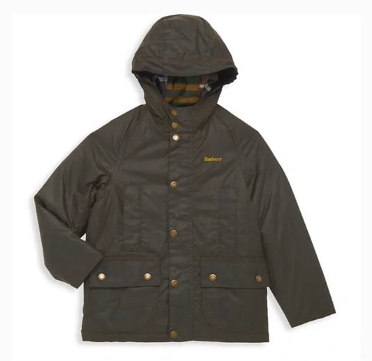 Barbour Boys Olive Hooded Waxed Beaufort Jacket