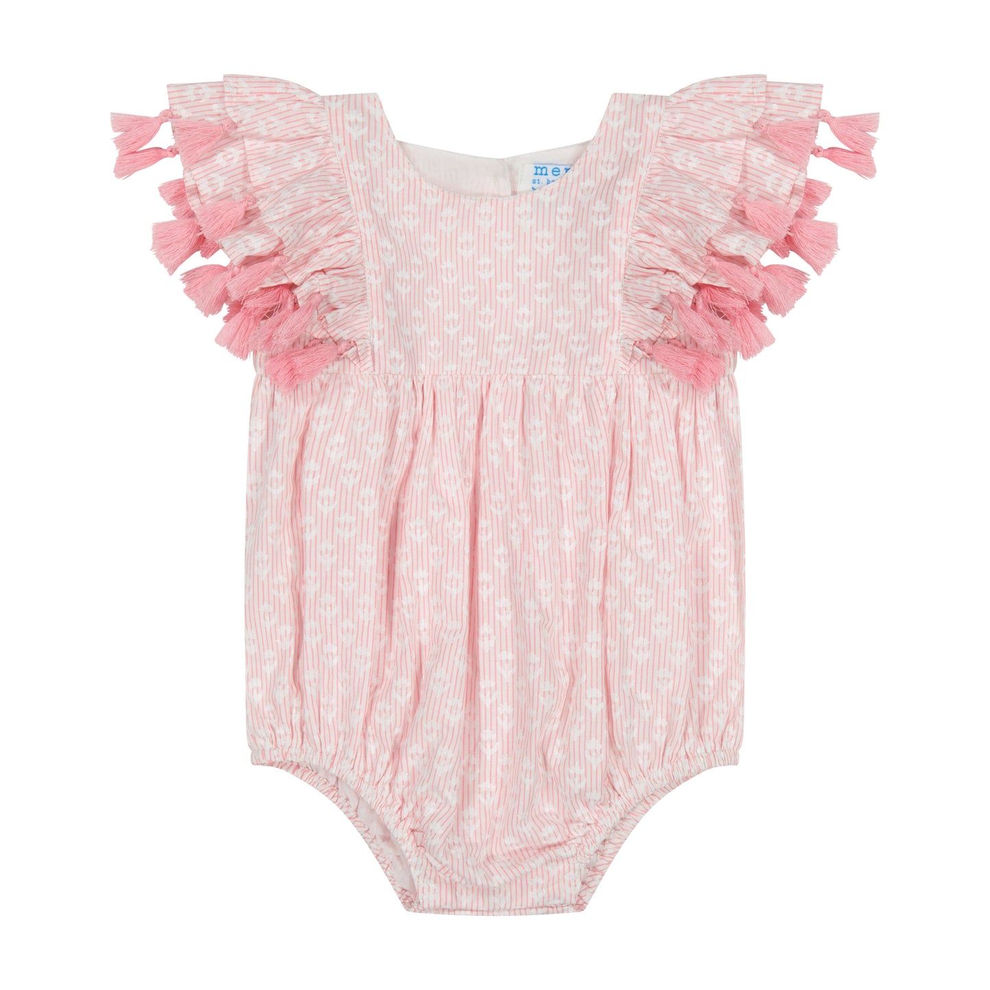 Pink and white baby romper with ruffled  tassel sleeves on a white background
