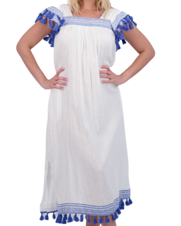 Maxi Sandrine Women's Dress White Lapis Blue Embroidery
