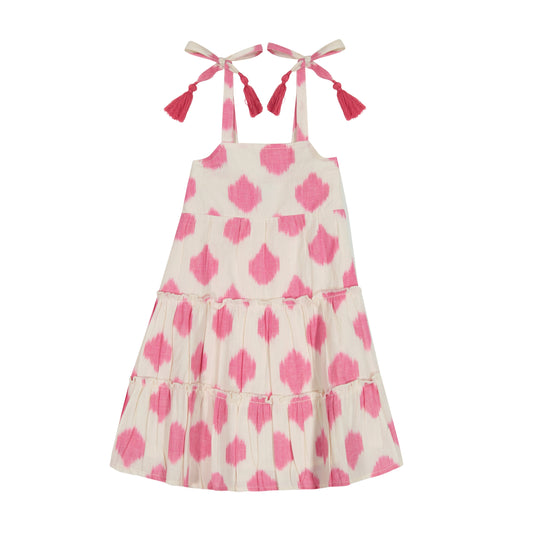 Bella Girl's Shoulder Tie Sundress White Pink Ikat