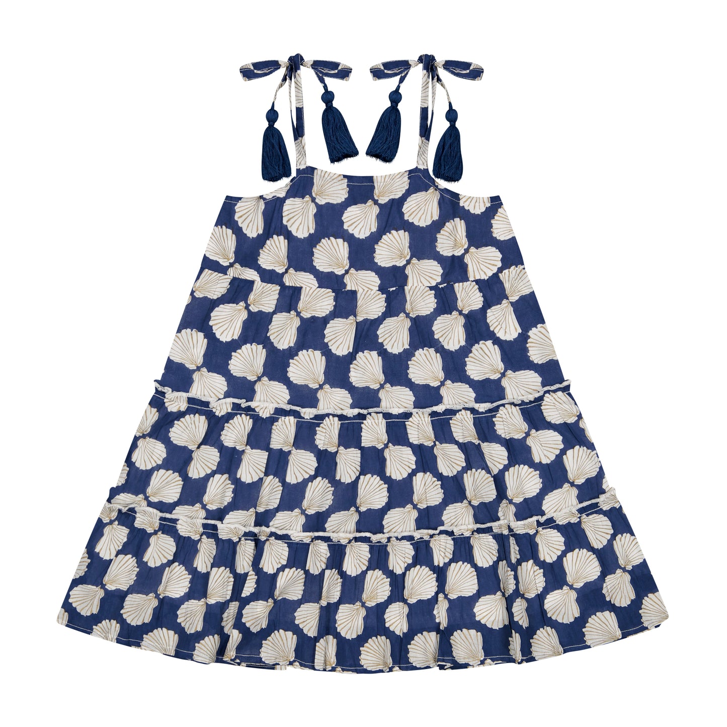 navy and white dress with sea shell pattern tassel ties