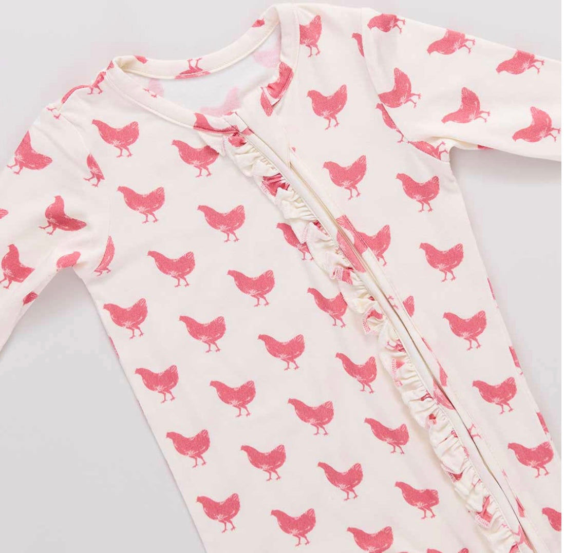 Pink Chickens Ruffled Bamboo Romper