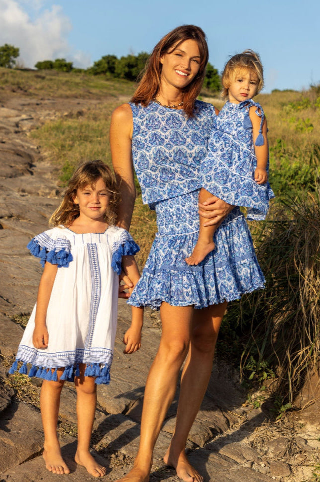 Serena Girl's Tassel Dress White Lapis Blue Embroidery
