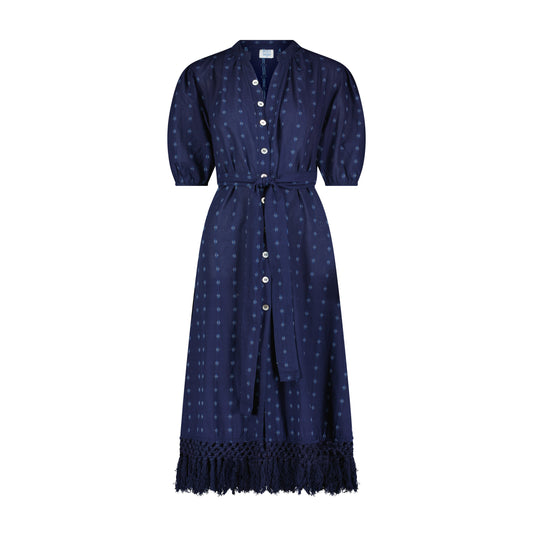 Estelle Women's Fringed Shirtdress Navy Turquoise Swiss Dot