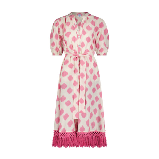 Estelle Women's Fringed Shirtdress White Pink Ikat
