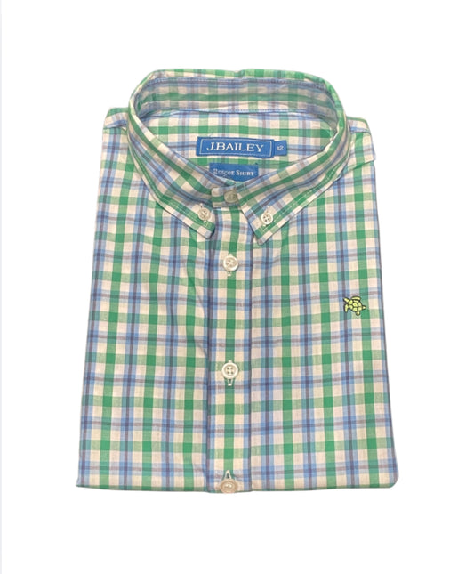 J Bailey Boys Navy and Green Plaid Roscoe Button Down Shirt