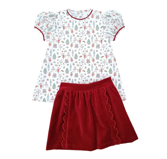 girls red velvet skirt and  Nutcracker print top skirt Set