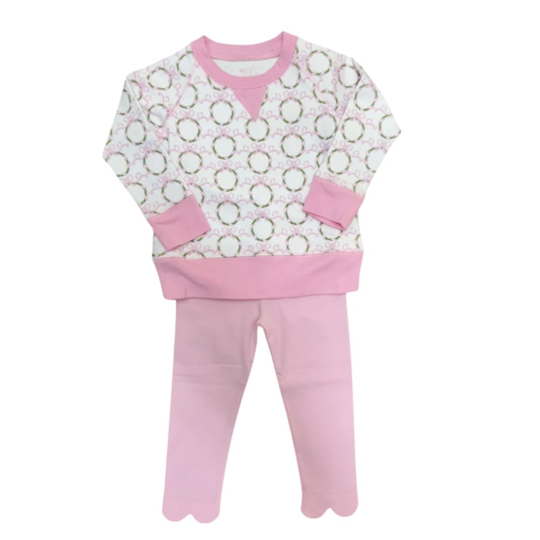 pink christmas wreath print sweatshirt and pink legging set