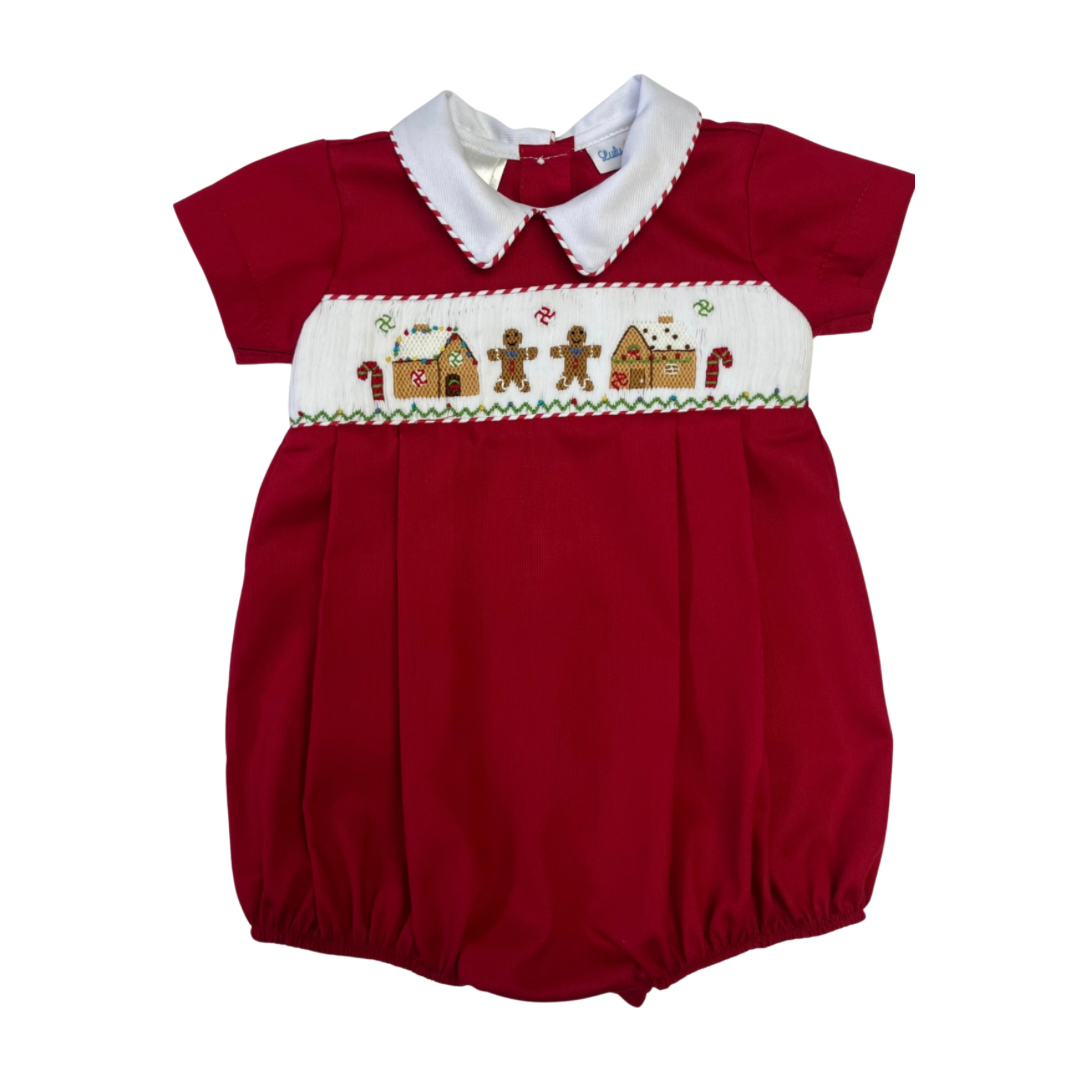 Red baby boy bubble  with smocked gingerbread  house