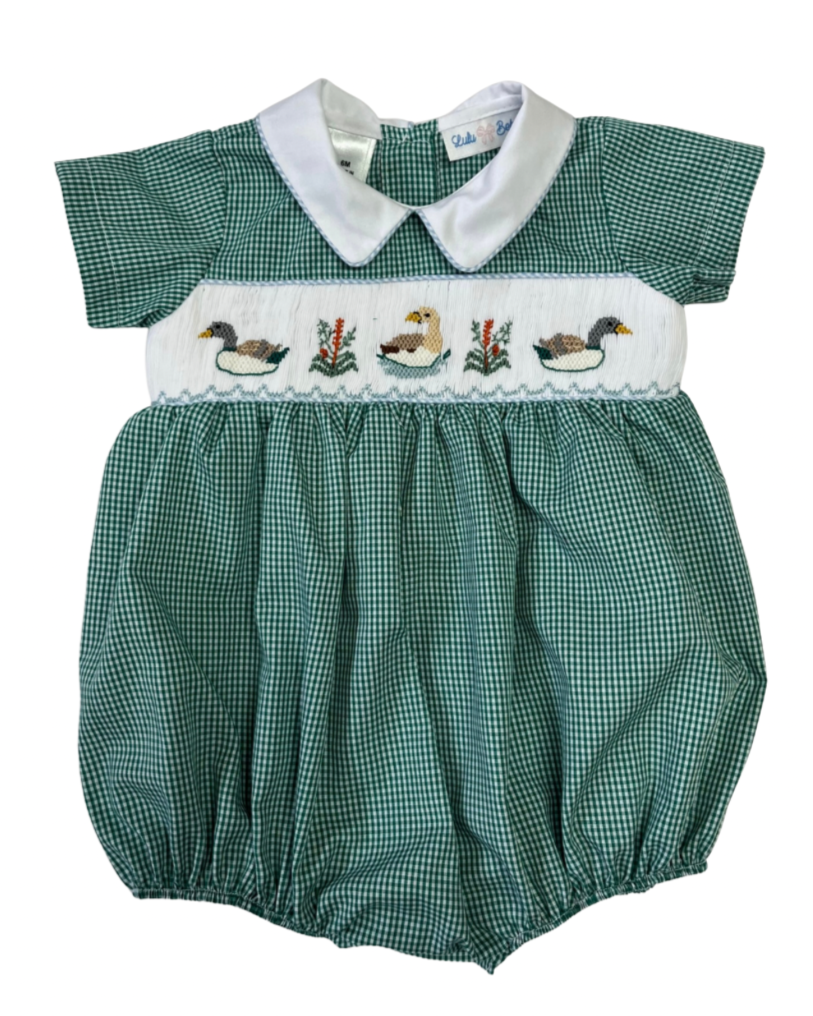 Green checkered gingham baby romper bubble  with smocked duck design on a white background