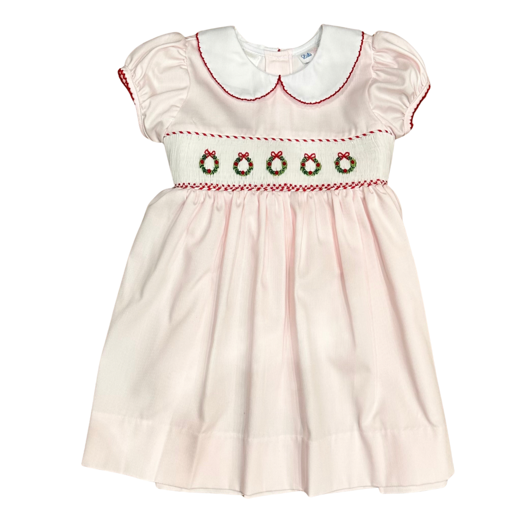 girls light pink christmas wreath smocked waist dress