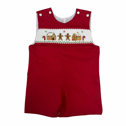 little boys red Pete gingerbread smocked romper