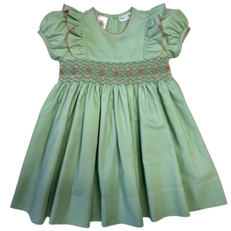 sage Green dress with pink smocked details