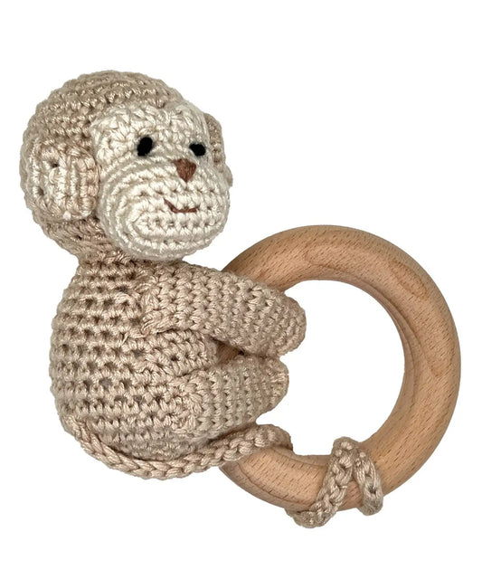 Magnolia Baby Monkey Bamboo Crochet Wood Ring Rattle