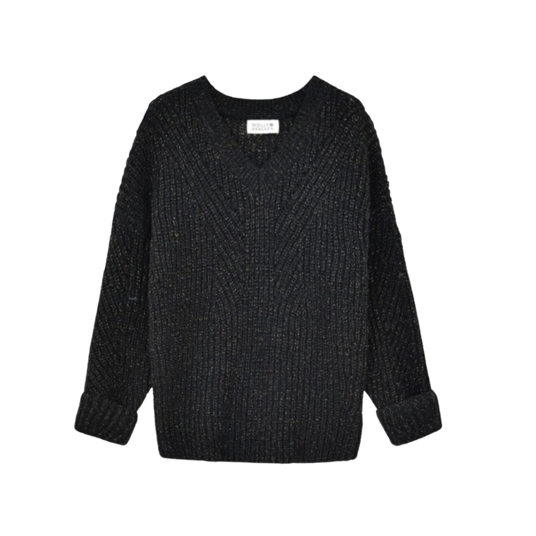 Molly Bracken Sparkly Black Openwork V-Neck Sweater