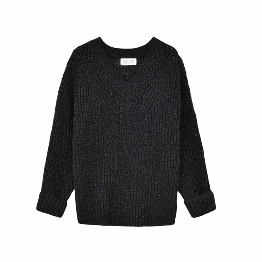 Molly Bracken Sparkly Black Openwork V-Neck Sweater