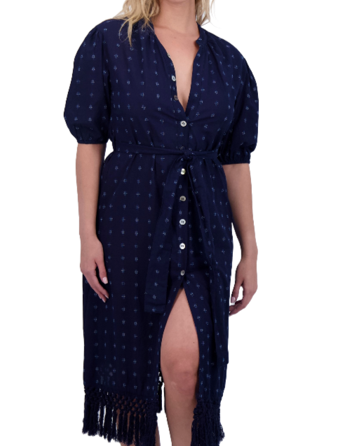 Estelle Women's Fringed Shirtdress Navy Turquoise Swiss Dot