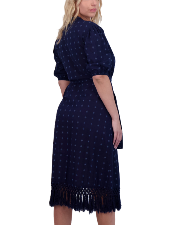 Estelle Women's Fringed Shirtdress Navy Turquoise Swiss Dot
