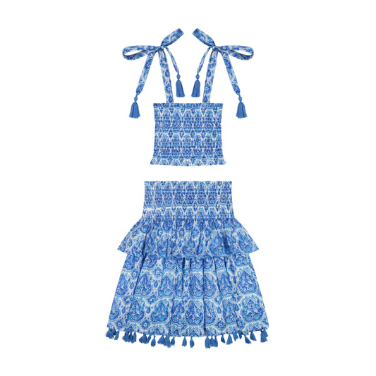 Noelle Girl's Smock Top and Maxi Skirt Set Blue Paisley