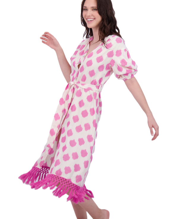 Estelle Women's Fringed Shirtdress White Pink Ikat