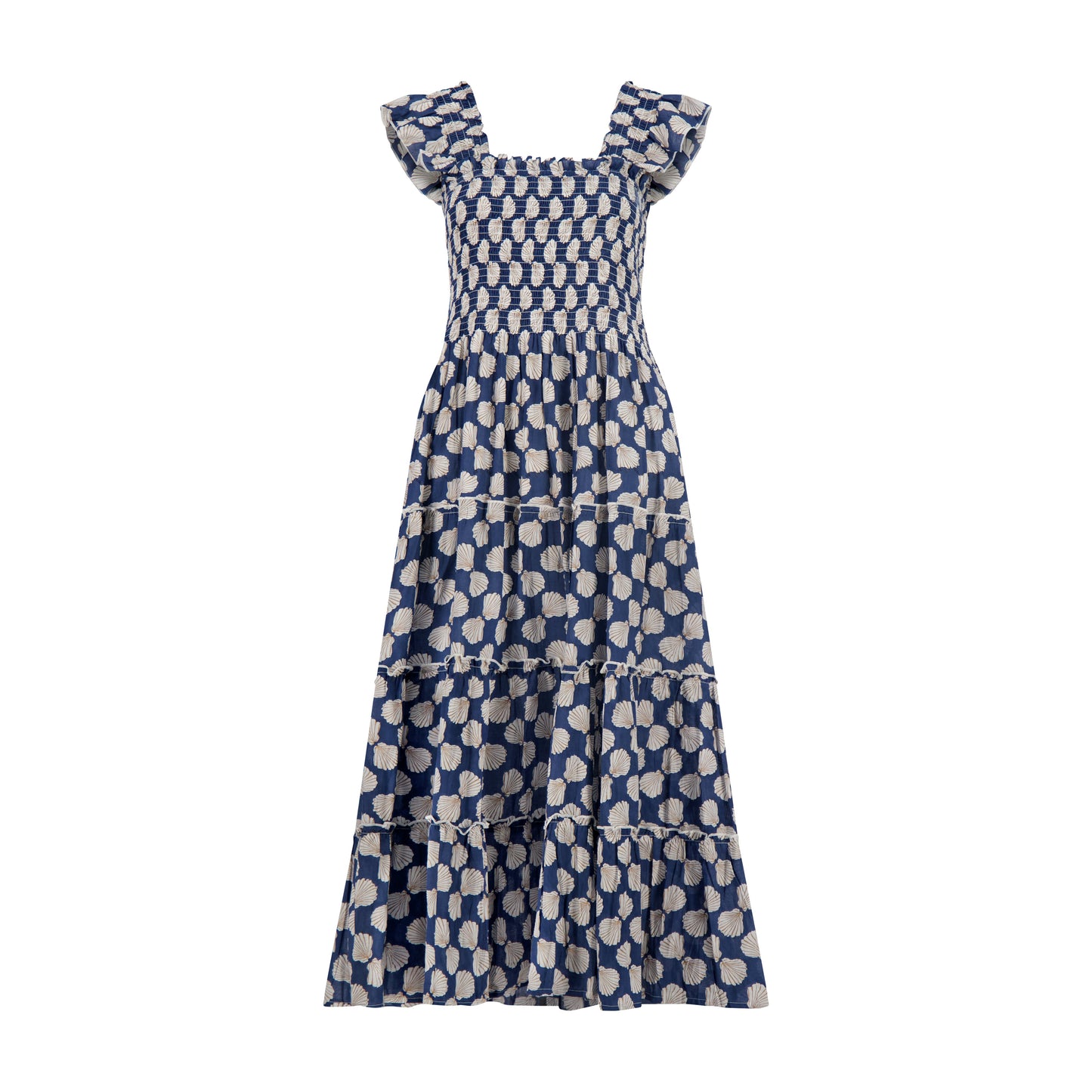 women's navy smocked dress with sea shell block print