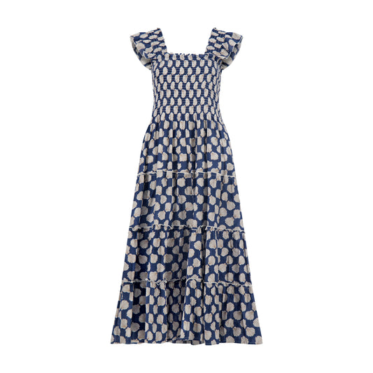 women's navy smocked dress with sea shell block print