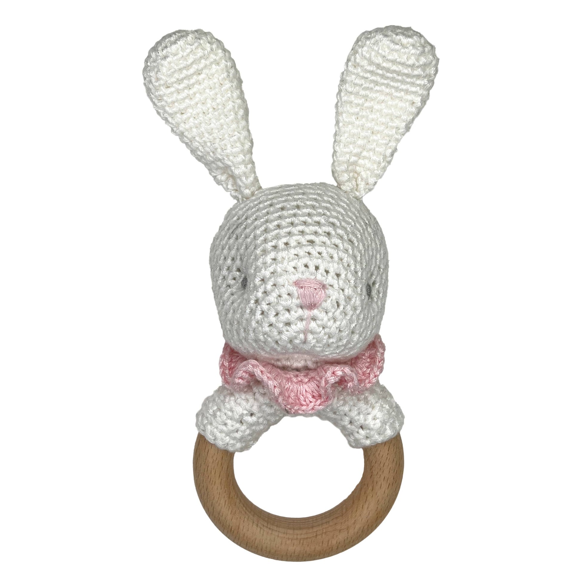 Petit Ami Pink Bunny Bamboo Crochet Woodring Rattle
