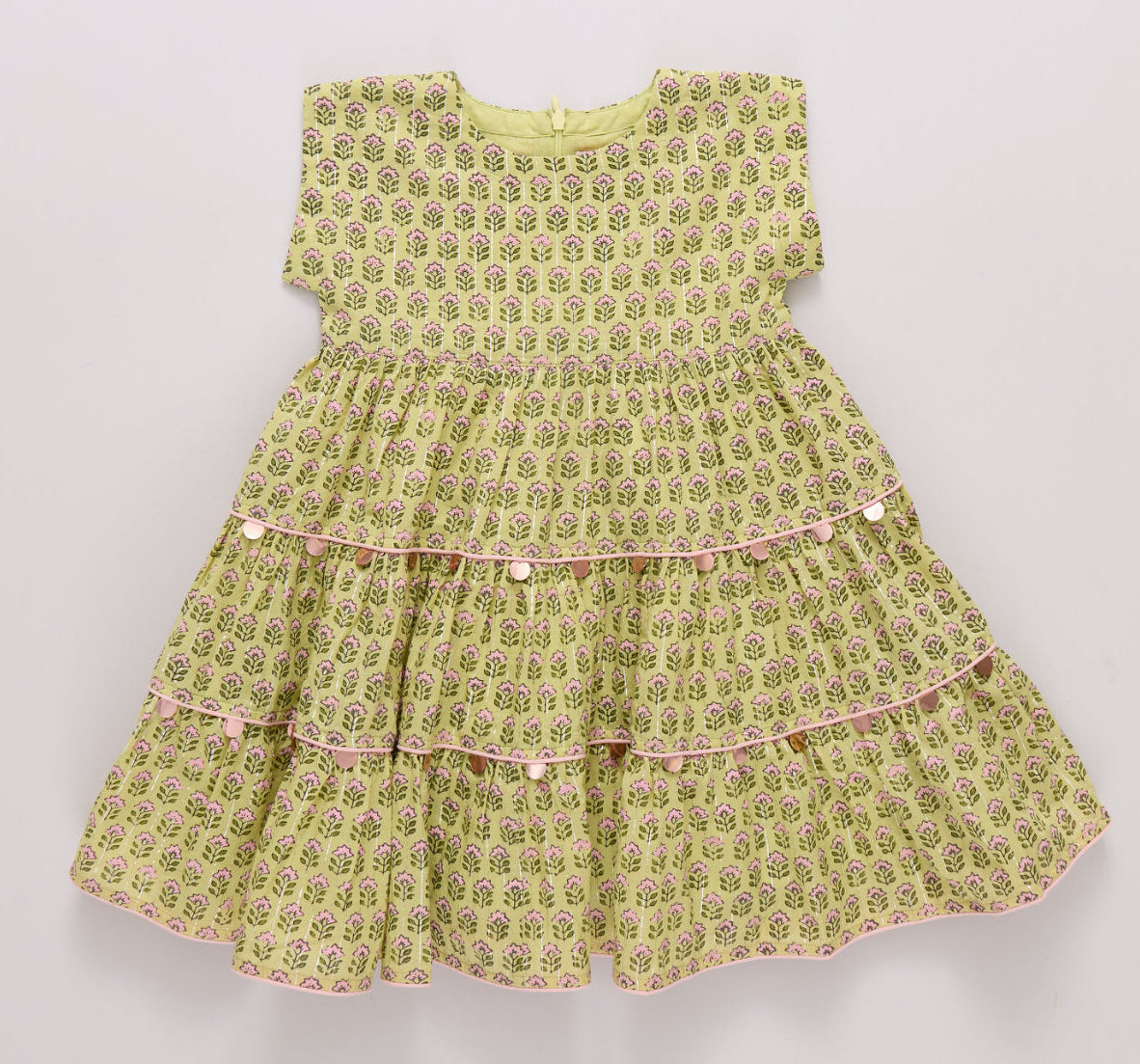 girls lime green dress with block floral pattern and pink sequins