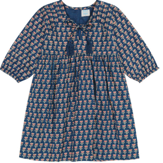 navy empire dress with block print floral pattern with tassels