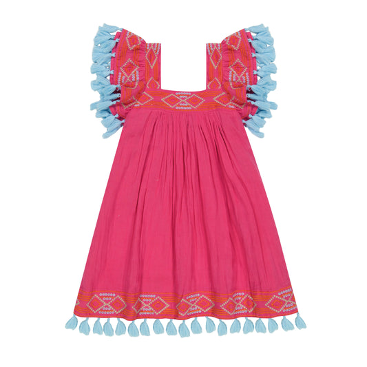 Serena Girl's Tassel Dress Raspberry Embroidery