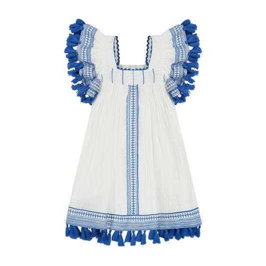 Serena Girl's Tassel Dress White Lapis Blue Embroidery