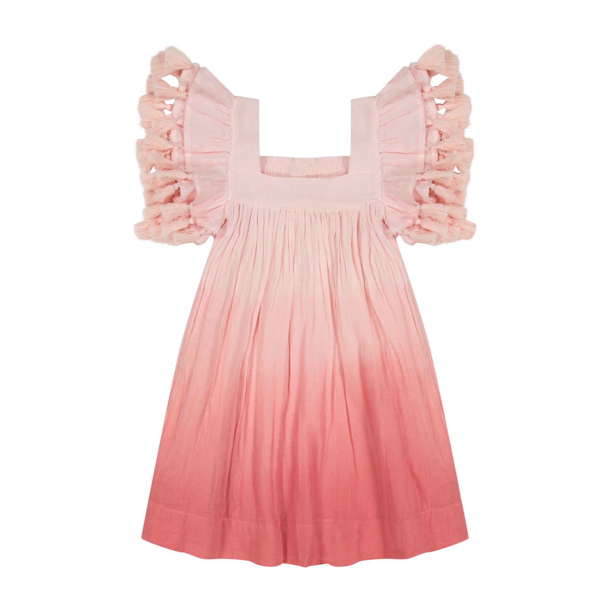 girls Pink ombre dress with ruffled pom pom straps