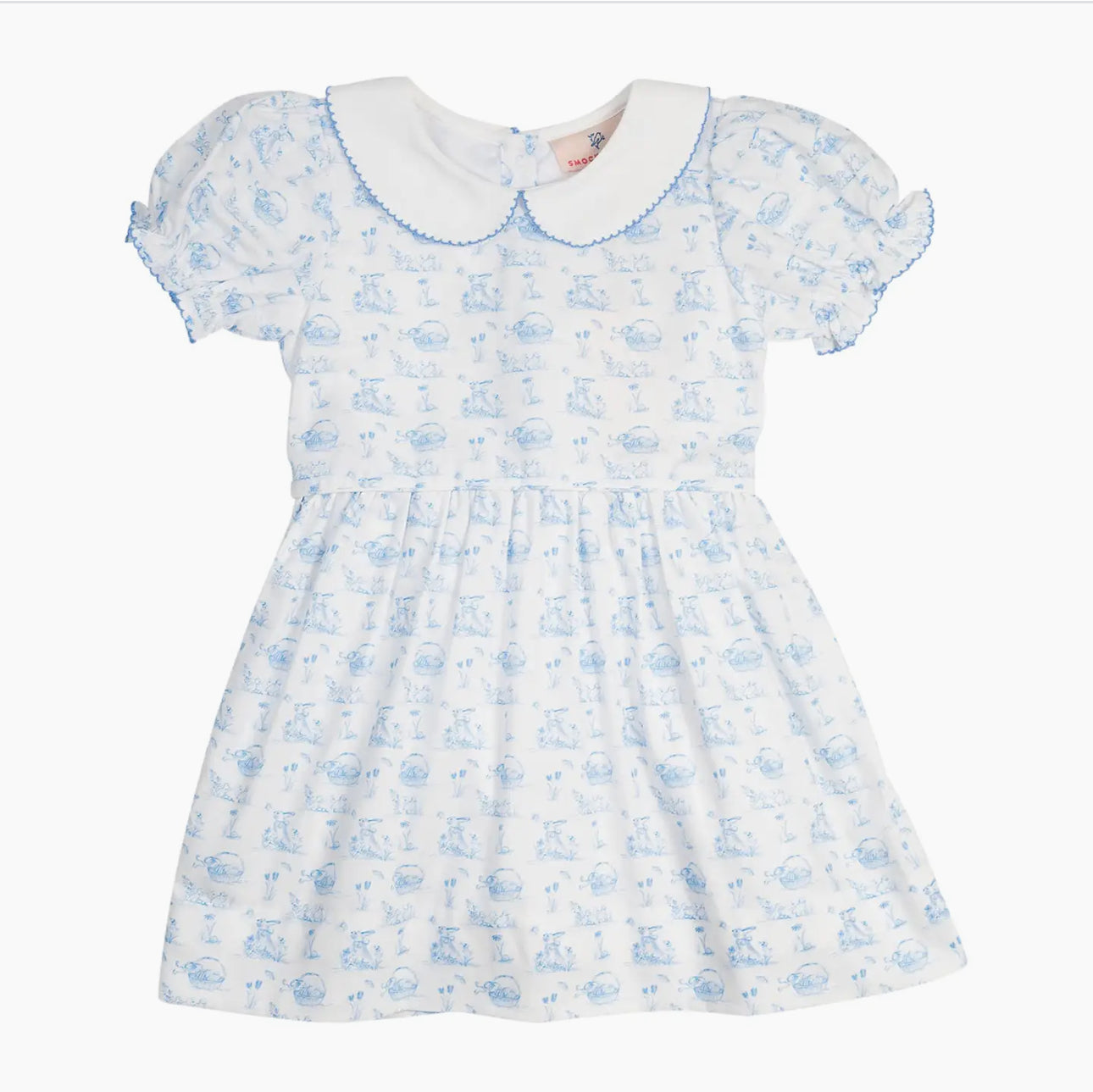 Smockingbird Girls Blue Bunny Toile Dress