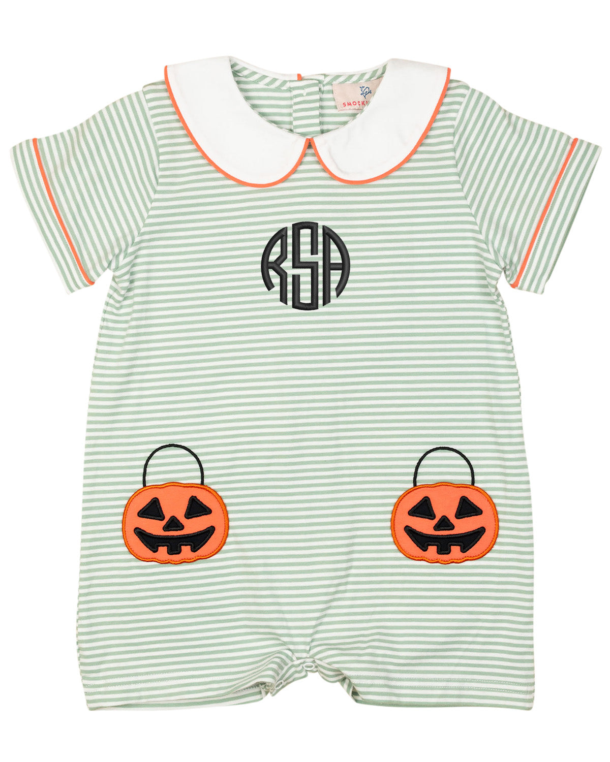 toddler boys green striped monogrammable 
jack o lantern romper