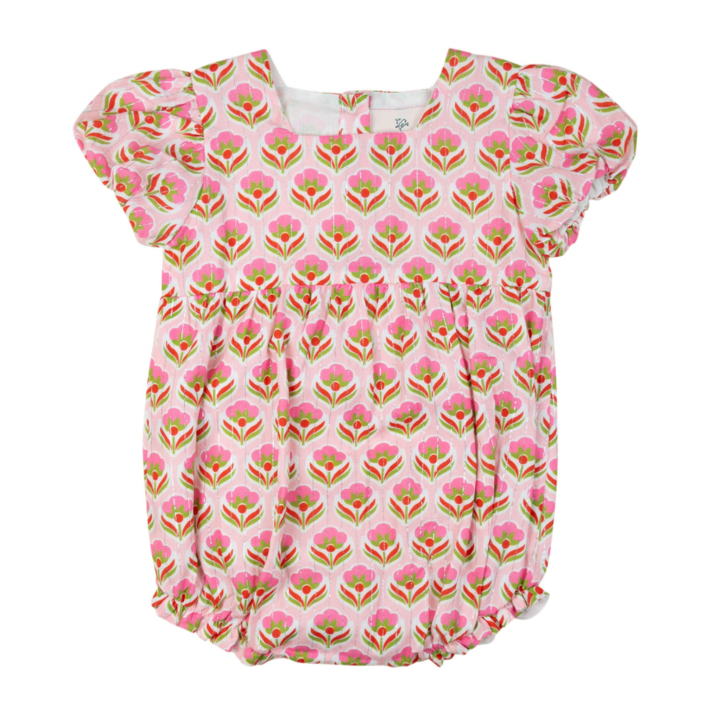 Smockingbird Pink Block Floral Silver Lurex Baby Girls Bubble