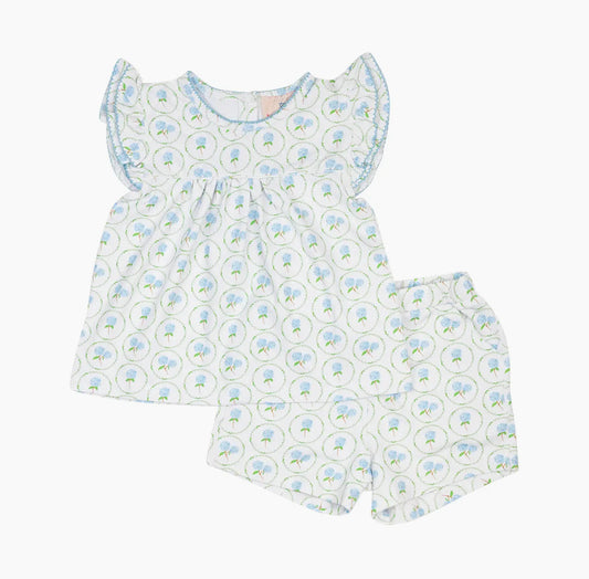 Smockingbird Toddler Girls Spring Blue Hydrangea Shorts Set