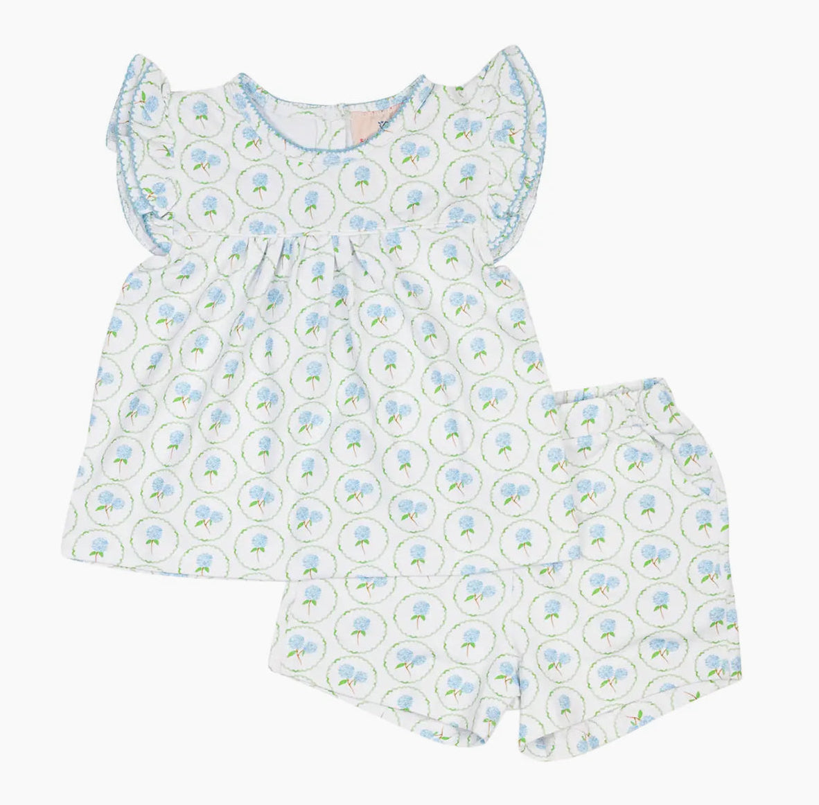 toddler girls blue and white spring hydrangea knit short set