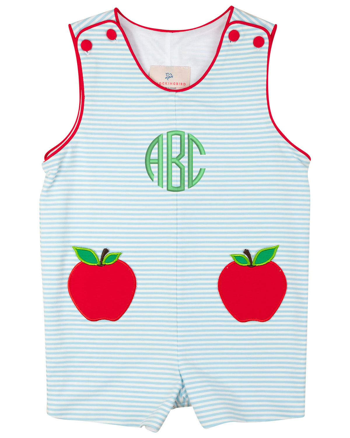 Children's romper with red apples and monogram on a light blue striped background