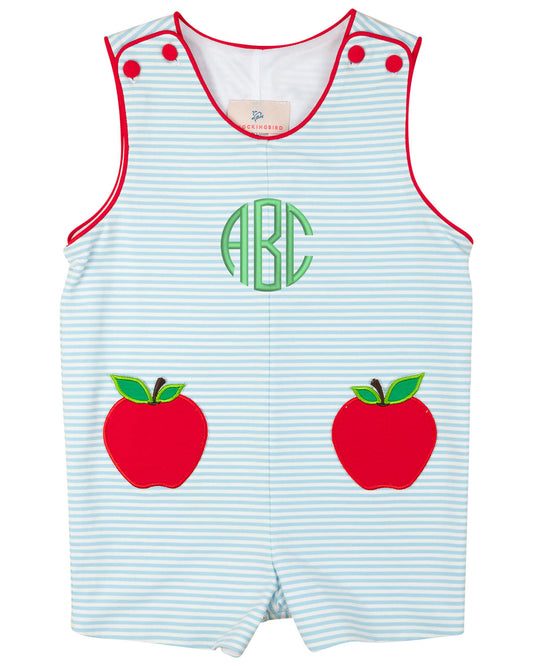 Children's romper with red apples and monogram on a light blue striped background