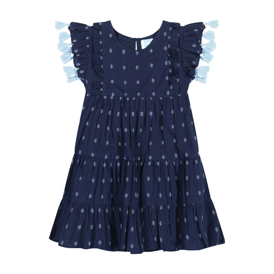 Sophie Girl's Tassel Dress Navy Turquoise Swiss Dot