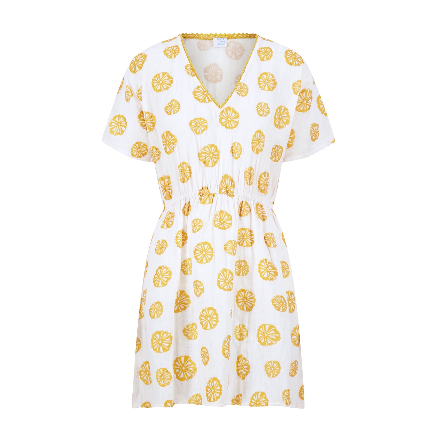 White caftan with yellow sand dollar pattern on a white background