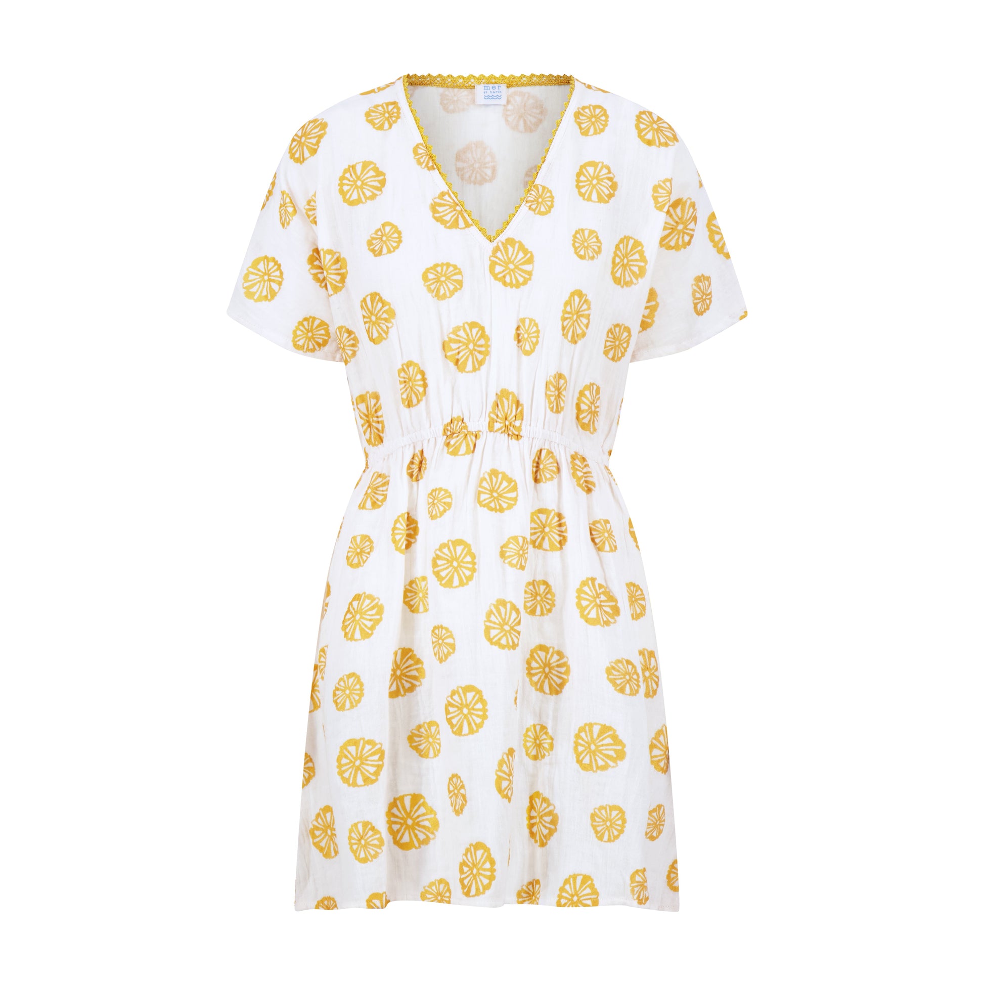 White caftan with yellow sand dollar pattern on a white background